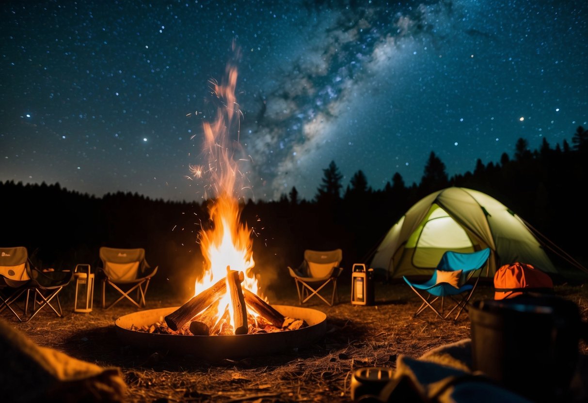 A cozy campfire flickers under a starry night sky, surrounded by a circle of camping gear and a tent pitched in the background