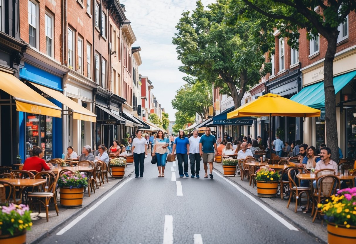Busy street with colorful storefronts, people walking, and outdoor cafes. Historic buildings line the road, with trees and flower baskets adding to the charming atmosphere