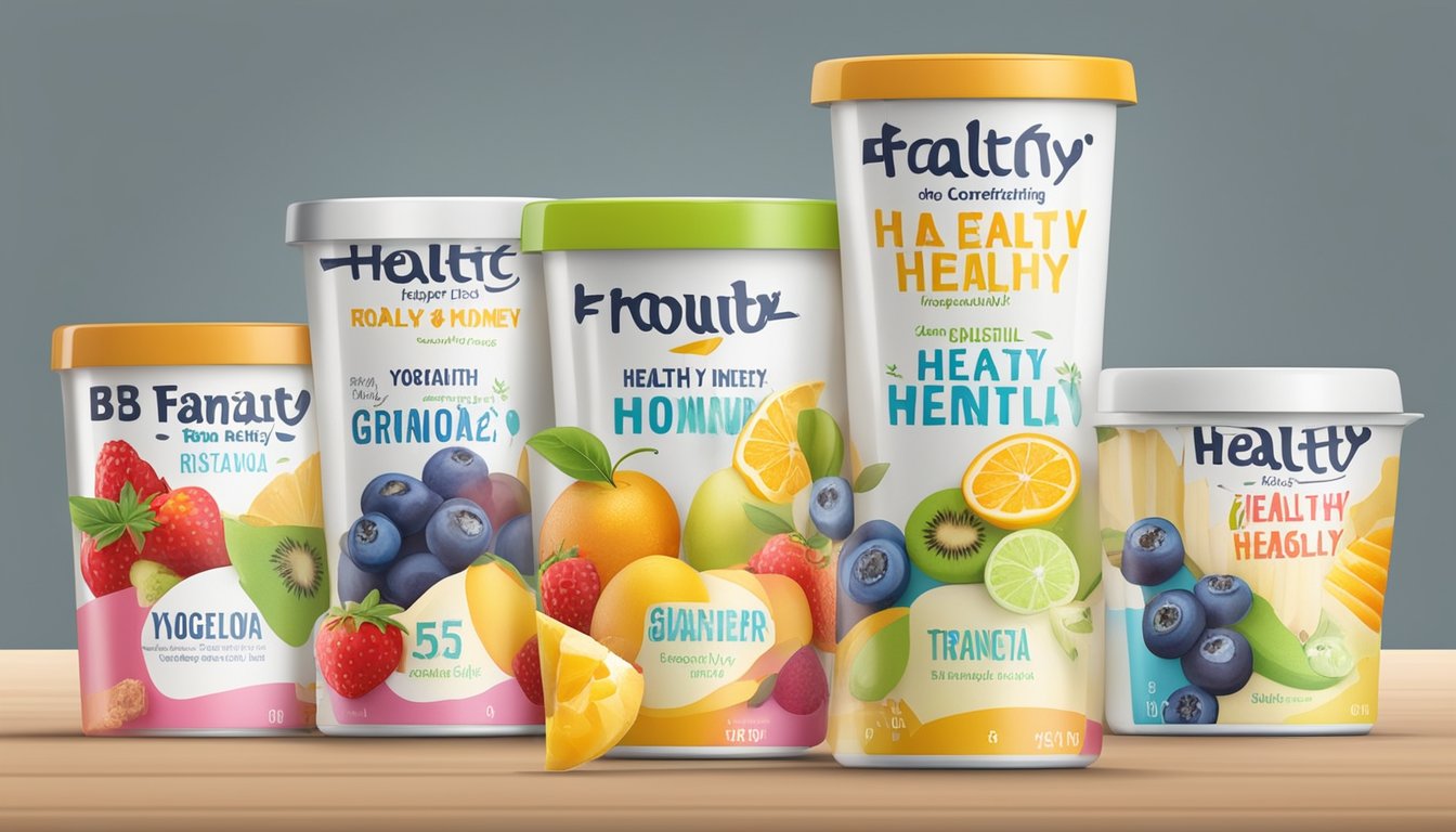 A colorful array of fruit-flavored low-fat yogurt containers surrounded by fresh fruit, granola, and honey, with a misleading "healthy" label