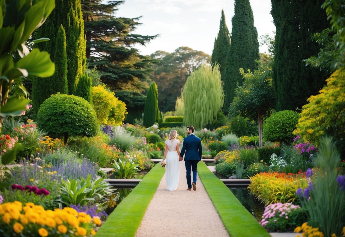 Lush garden path winds past vibrant flowers, towering trees, and tranquil ponds. A couple strolls hand in hand, admiring the colorful array of plant life