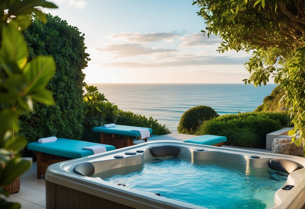 A tranquil seaside spa with a hot tub, massage tables, and lush greenery overlooking the ocean