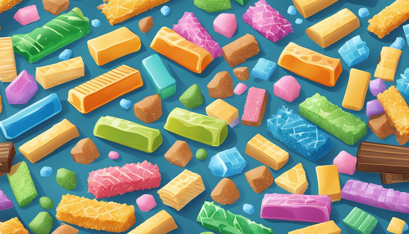 A colorful array of protein bars surrounded by scattered sugar crystals