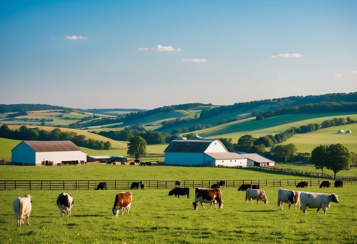 A serene landscape with a picturesque dairy farm, rolling hills, and grazing animals under a clear blue sky