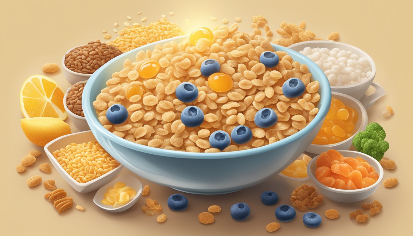 A bowl of whole grain cereal overflowing with added sugar, surrounded by other "healthy" breakfast foods, all emitting a bright and enticing glow