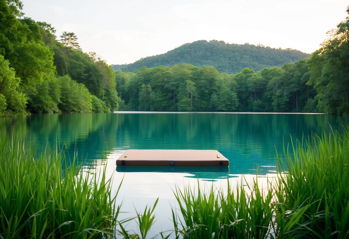 A serene lake surrounded by lush greenery, with a floating yoga platform in the center. Peaceful and tranquil atmosphere