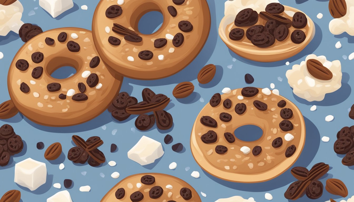 A plate of cinnamon raisin bagels surrounded by scattered sugar crystals and a pile of raisins