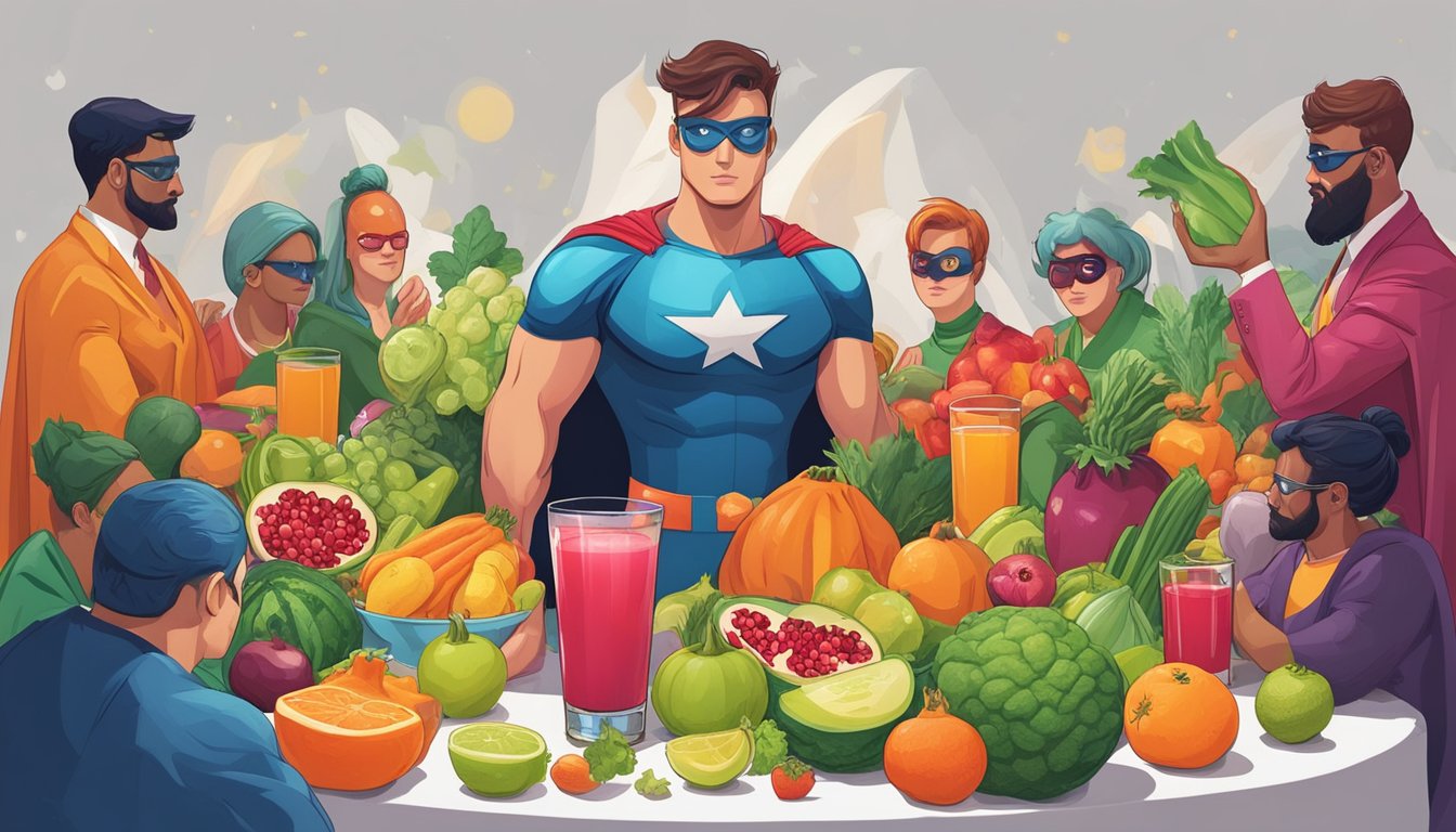 A glass of pomegranate juice surrounded by 15 different fruits and vegetables, some with superhero capes, others looking disappointed