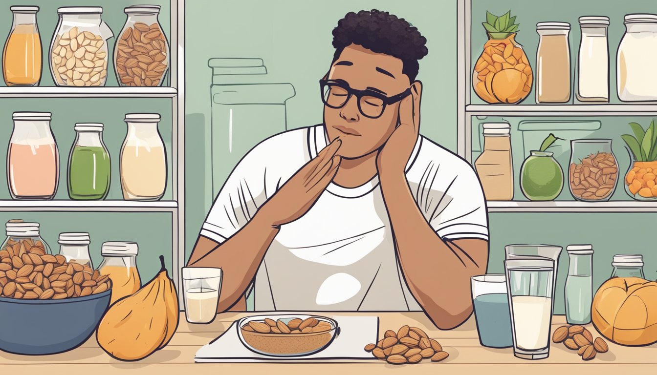 A glass of almond milk surrounded by various superfoods, with a disappointed expression on the face of a person reading a list of supposed superfoods