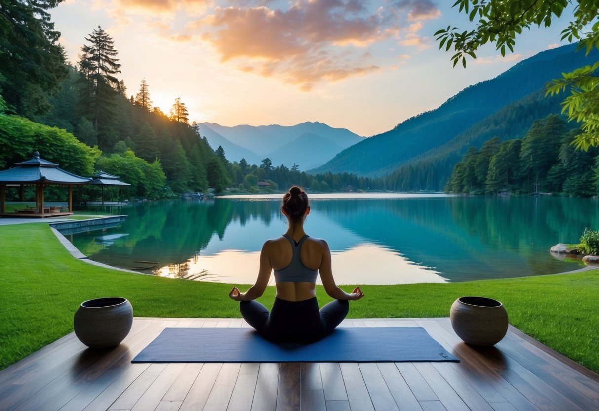 A blissful yoga retreat: Zen garden, tranquil lake, lush forest, mountain backdrop. Sunrise and sunset meditation spaces