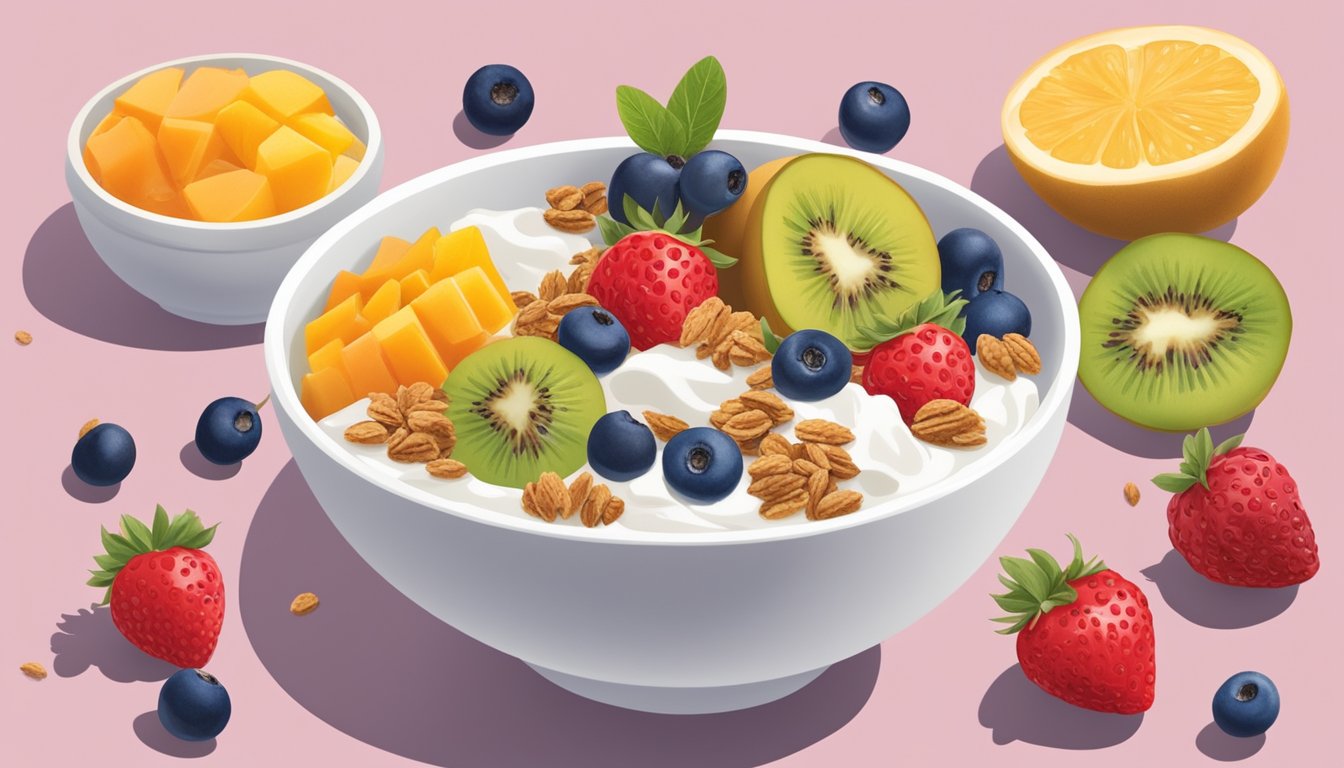 A bowl of flavored Greek yogurt surrounded by various fruits and granola, with a headline reading "Healthy" Breakfast Foods That Are Actually Sugar Bombs