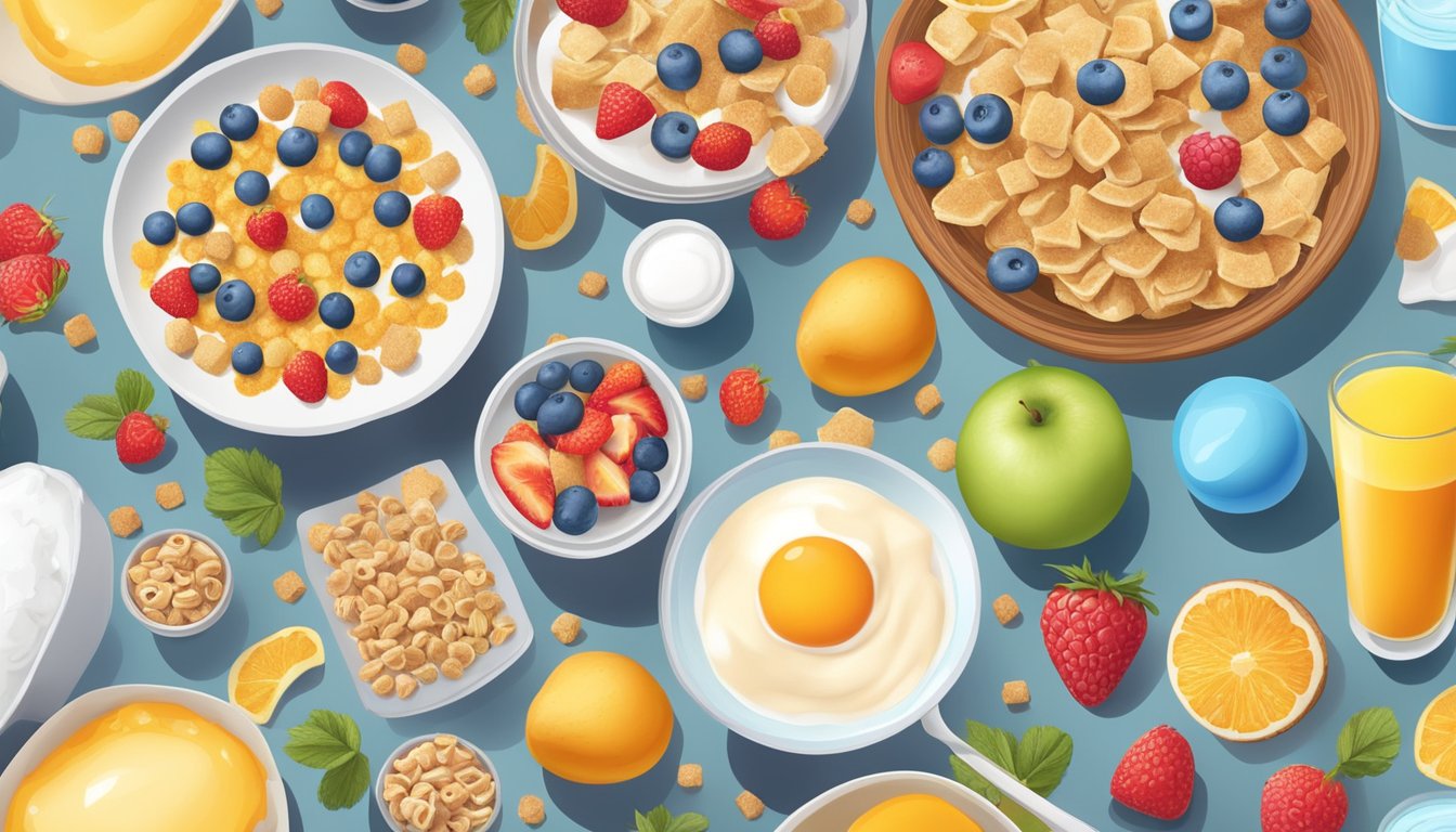 A table with a variety of breakfast foods, including cereal, yogurt, and fruit, surrounded by sugar cubes and a sugar bomb explosion