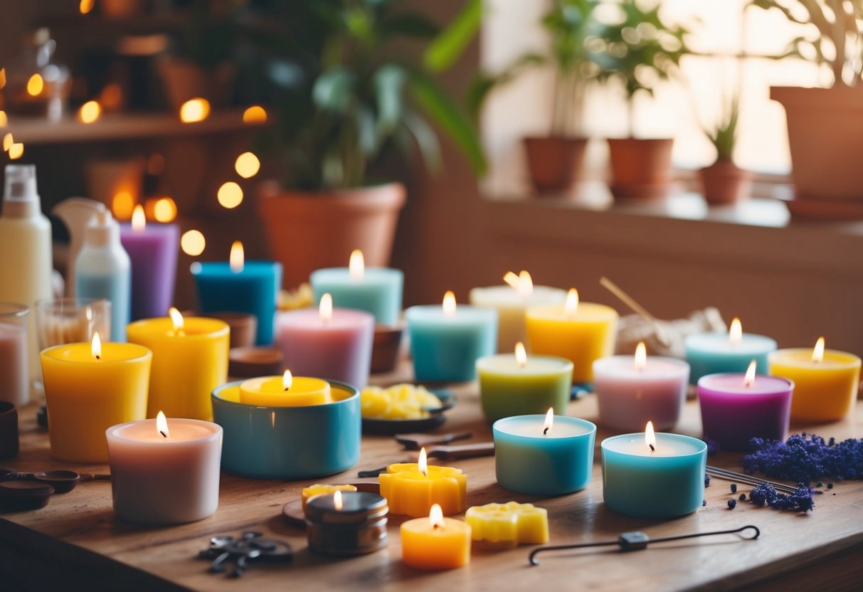 A cozy candle-making workshop with colorful wax, molds, and tools spread out on a wooden table. A warm, inviting atmosphere with soft lighting and a variety of scents