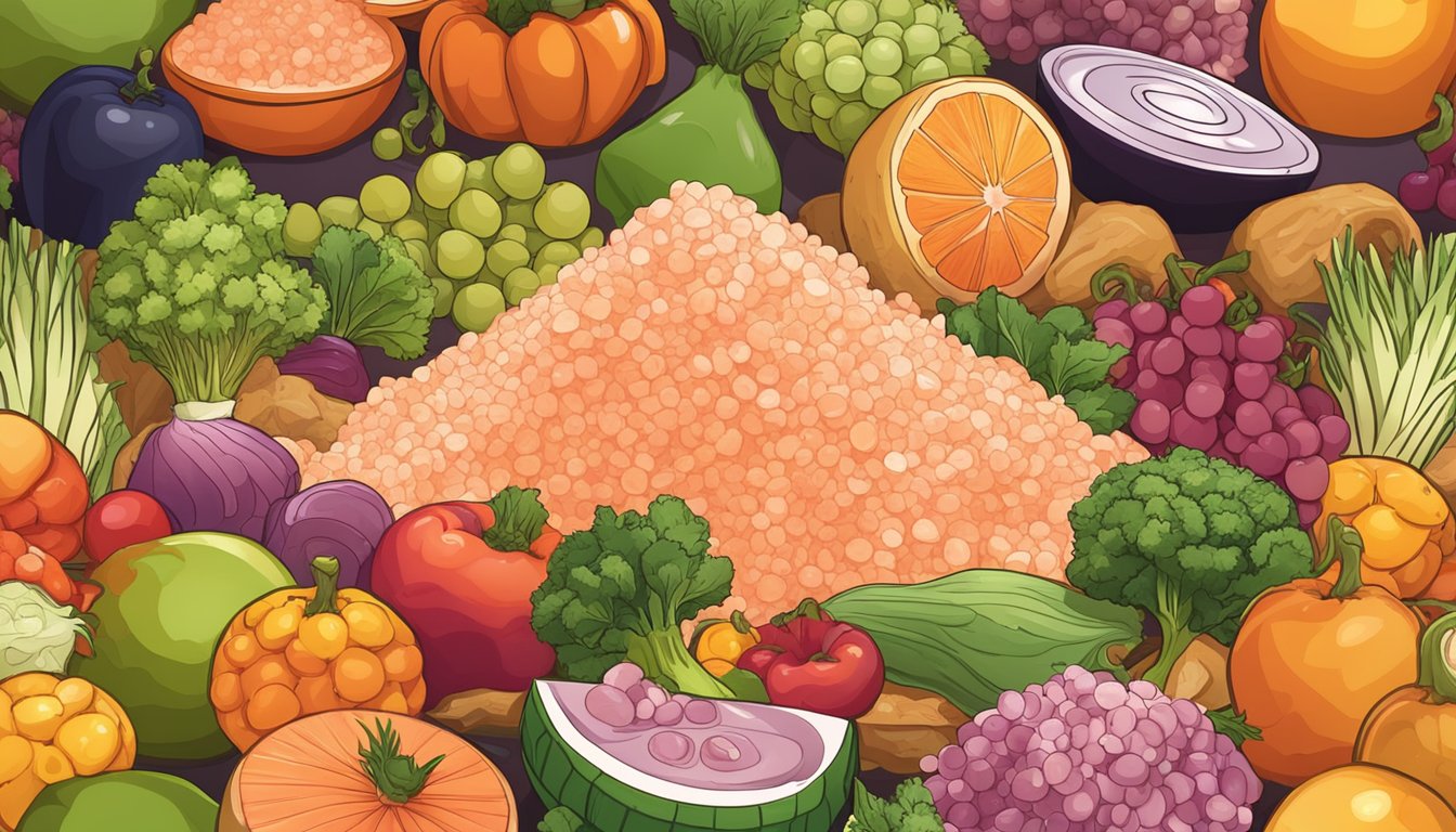 A pile of Himalayan salt surrounded by various fruits and vegetables, with a disappointed expression on their faces