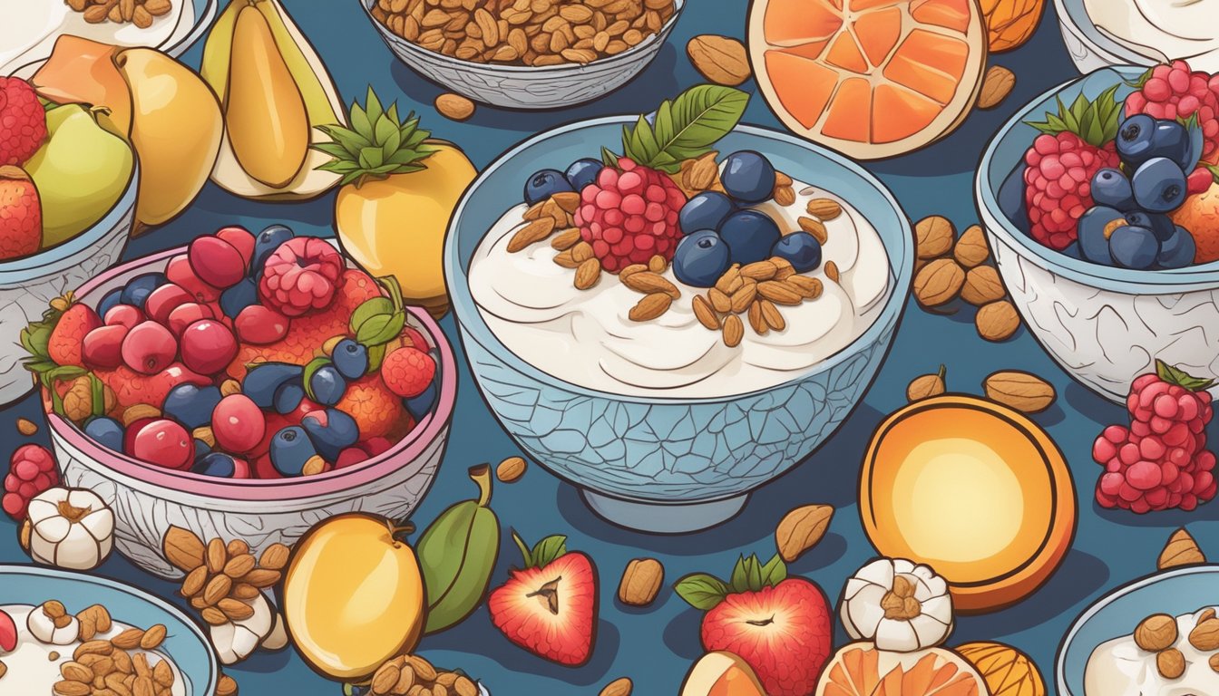 A colorful array of fruit, yogurt, and granola arranged in decorative bowls, with a hidden sugar cube nestled among the ingredients