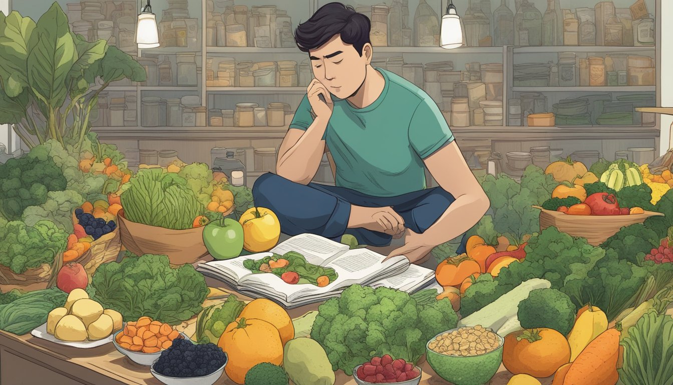 A pile of seaweed snacks surrounded by various fruits and vegetables, with a disappointed expression on the face of a person reading a list of "supposed superfoods."