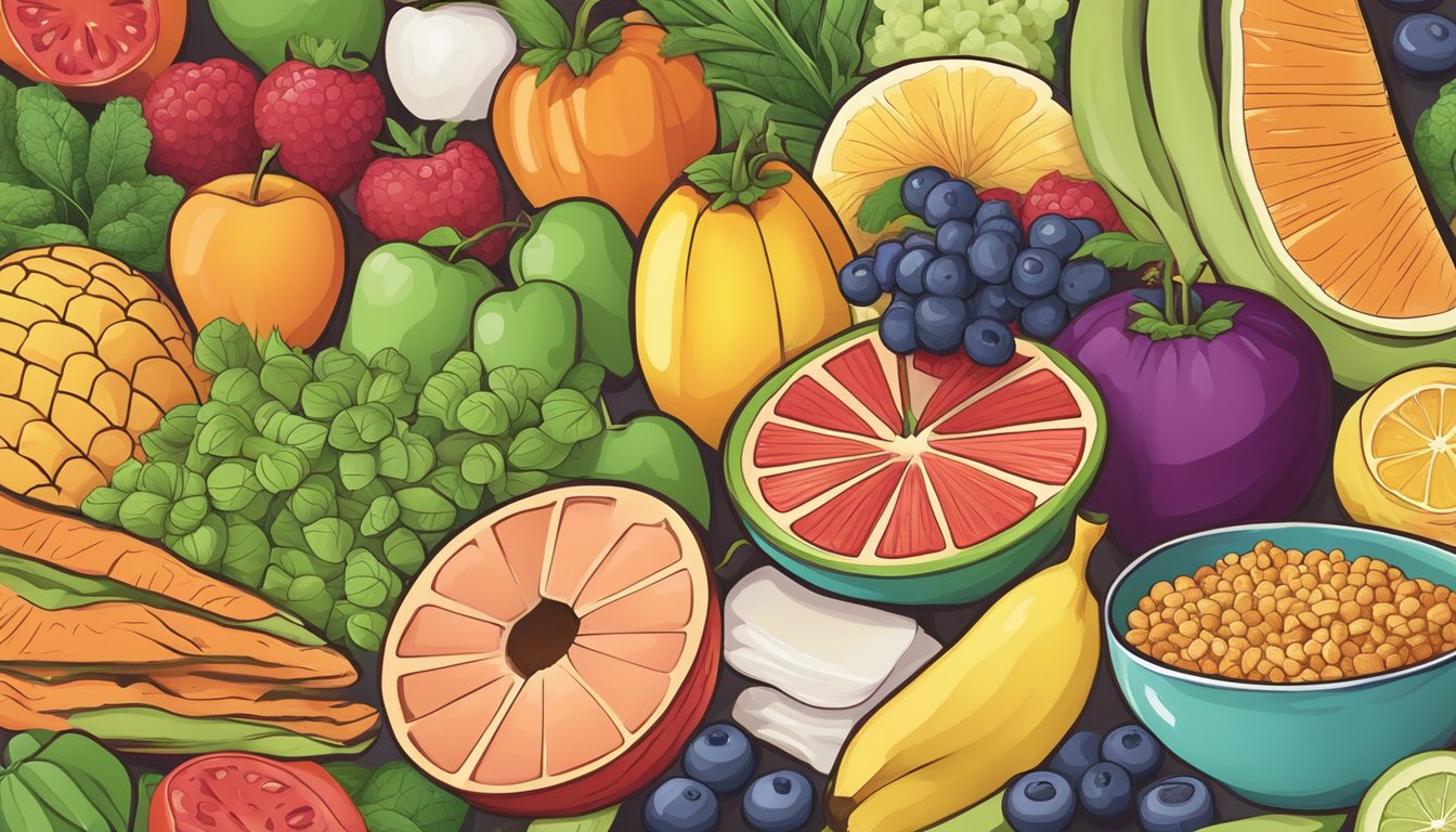 A colorful array of common "healthy" foods, with hidden sources of added sugar subtly incorporated into the background