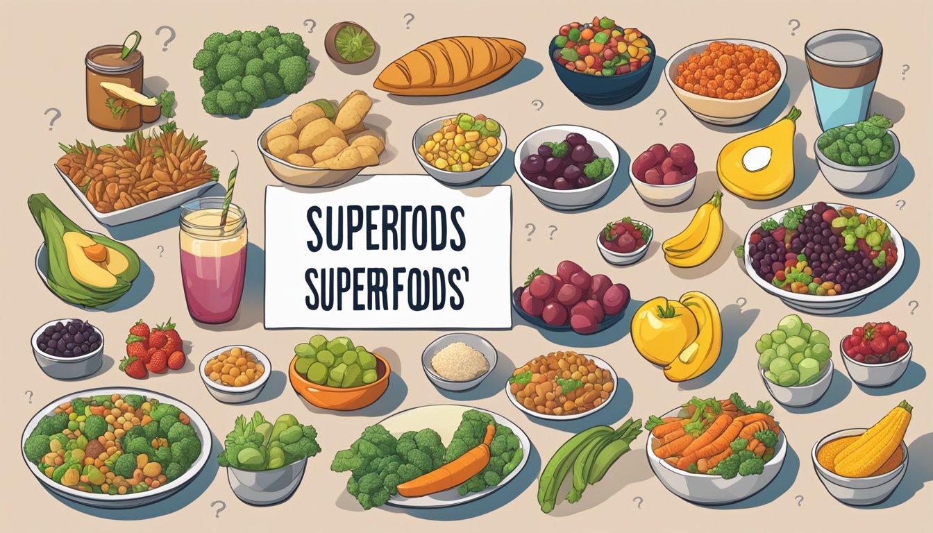 A table filled with various foods labeled as "superfoods" surrounded by question marks and skeptical expressions