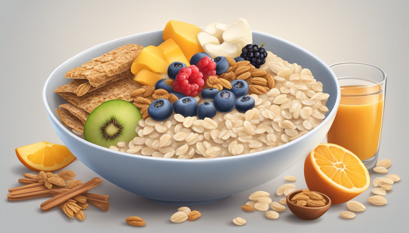 A bowl of instant oatmeal surrounded by various sneaky sources of added sugar, such as flavored yogurts, granola bars, and fruit juices