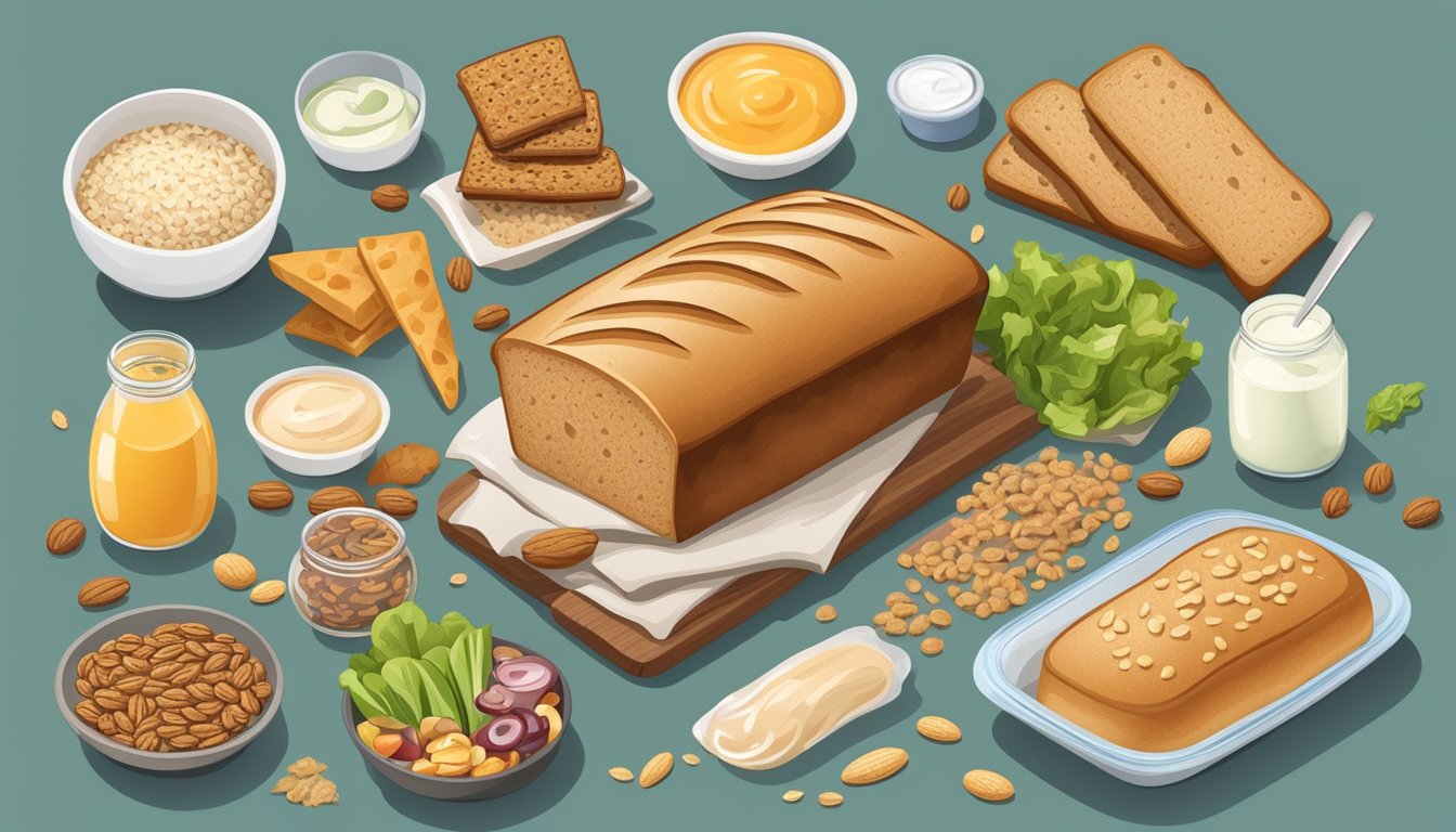 A loaf of whole wheat bread surrounded by a variety of "diet" foods, such as granola bars, yogurt, and salad dressing