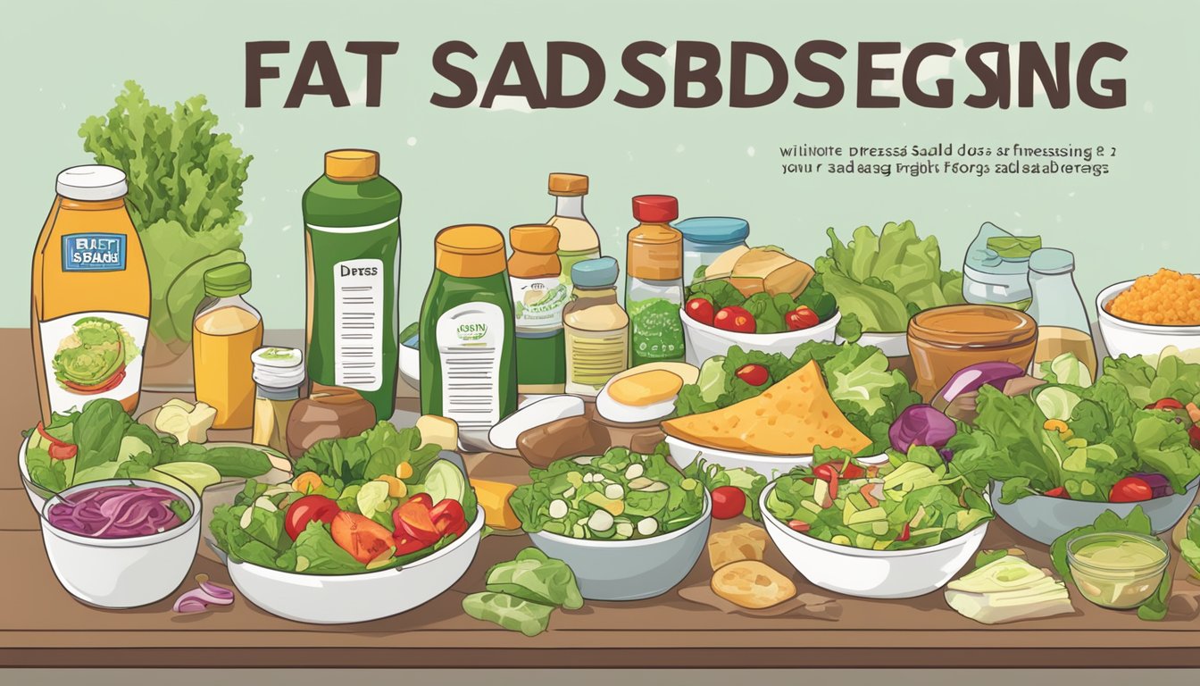 A table set with various salad dressings and "diet" foods, with a headline reading "Fat-Free Salad Dressings 12 'Diet' Foods That Are Sabotaging Your Weight Loss" above the display