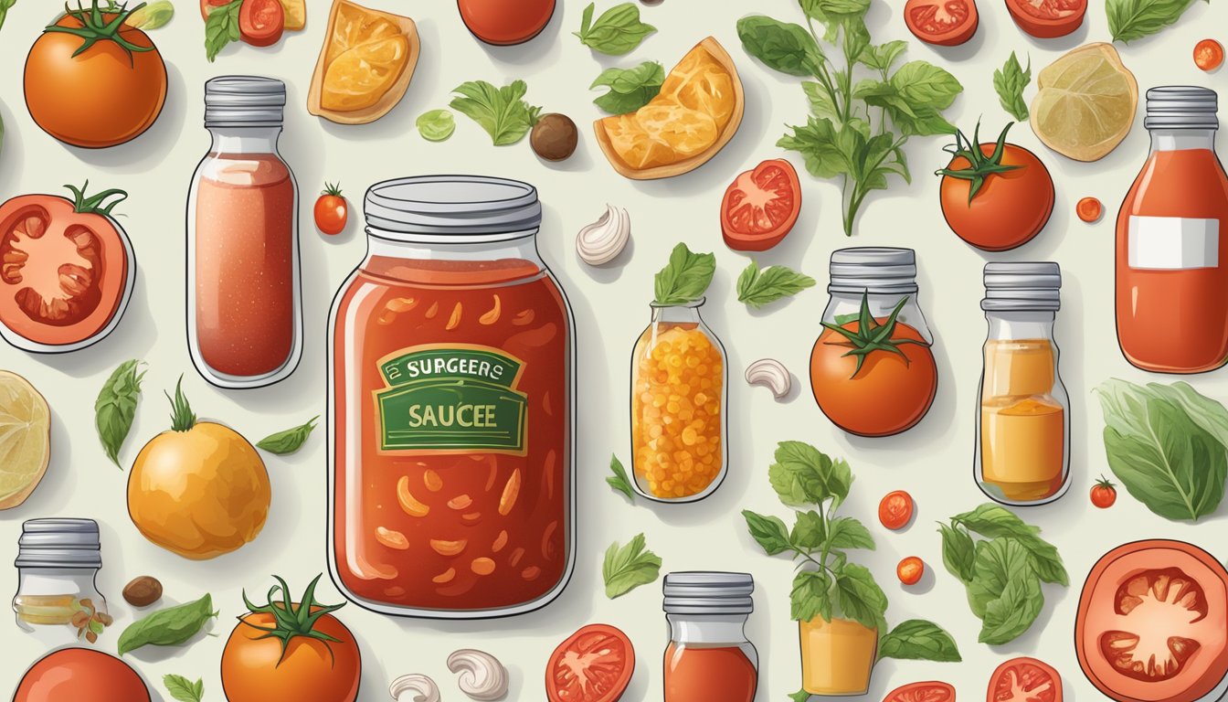 A jar of tomato sauce surrounded by various food items, with hidden sugar sources labeled