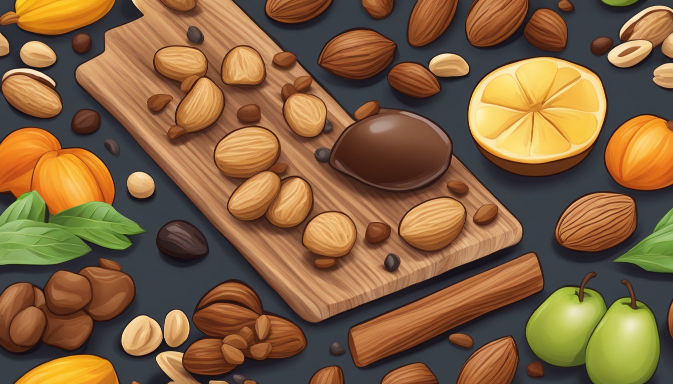 A colorful assortment of trail mix ingredients, including nuts, dried fruits, and chocolate chips, arranged on a wooden cutting board