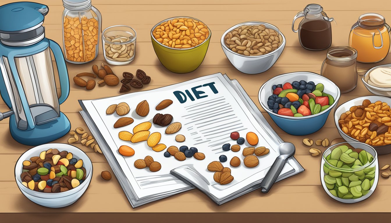 A variety of "diet" foods, including trail mix, arranged on a table with a weight loss article in the background