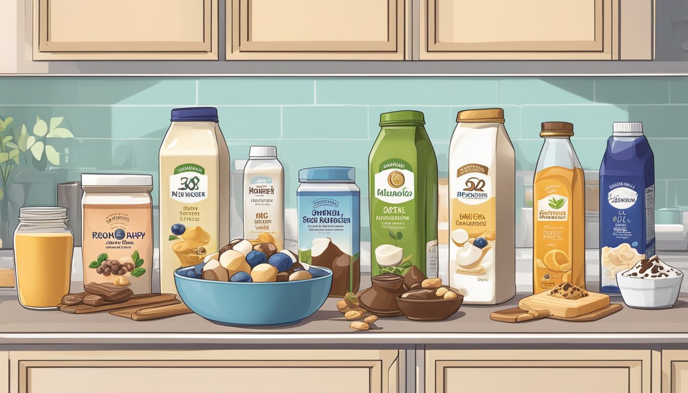 A variety of non-dairy milk alternatives surrounded by hidden sources of added sugar, such as flavored syrups and sweetened powders, displayed on a kitchen counter