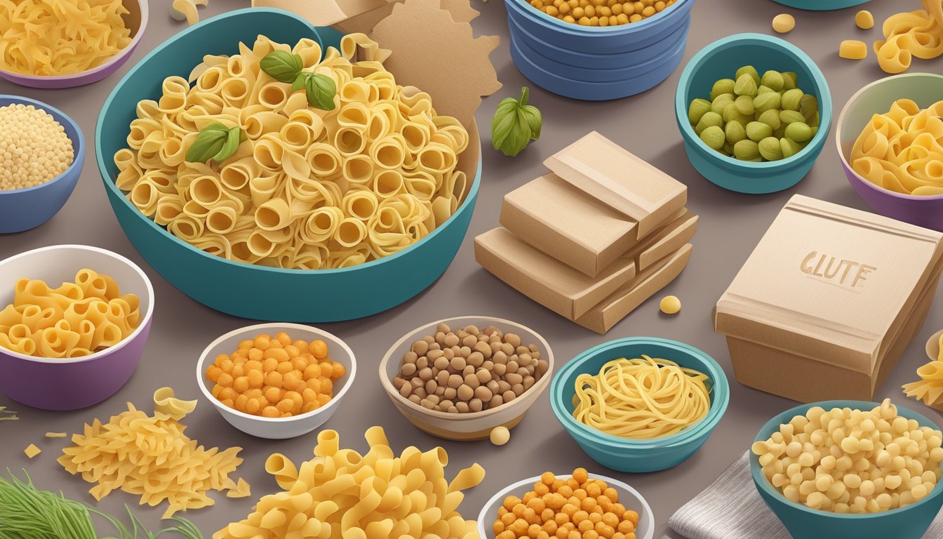 A colorful array of gluten-free pasta boxes, with Banza Chickpea Pasta as the centerpiece, surrounded by other gluten-free products