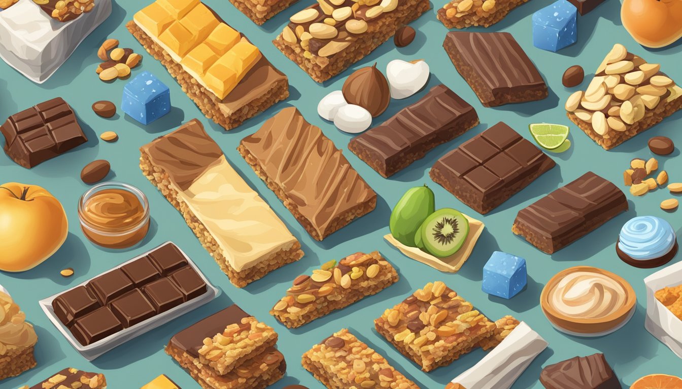 An assortment of energy bars and "diet" foods displayed on a table