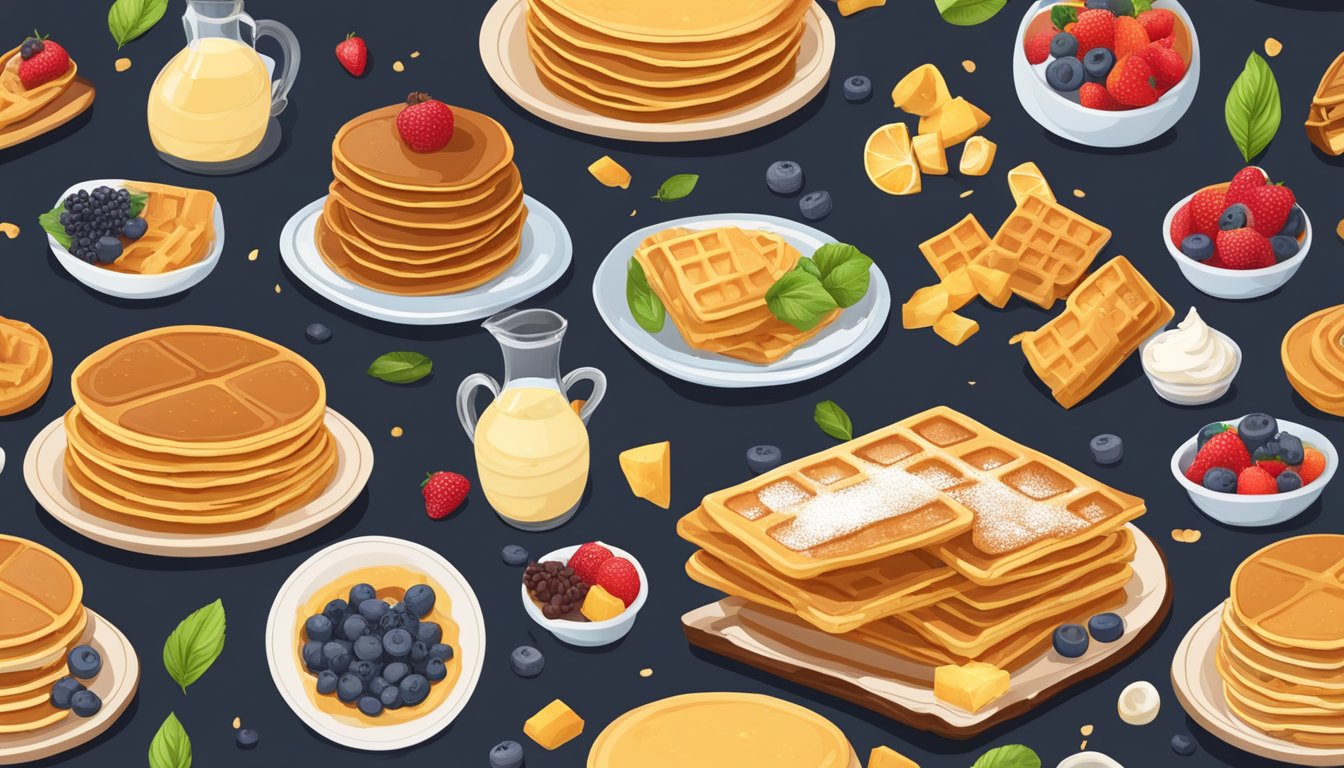 A stack of pancakes and waffles, some whole and some cut, with a mix box and ingredients scattered around