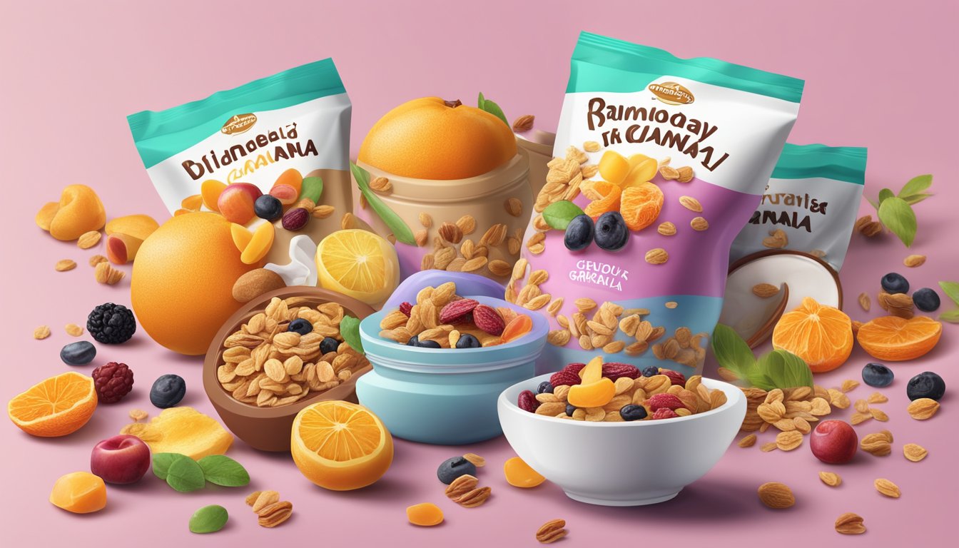 A colorful array of dried fruits spilling out of various packaging, surrounded by hidden sugar sources like yogurt and granola