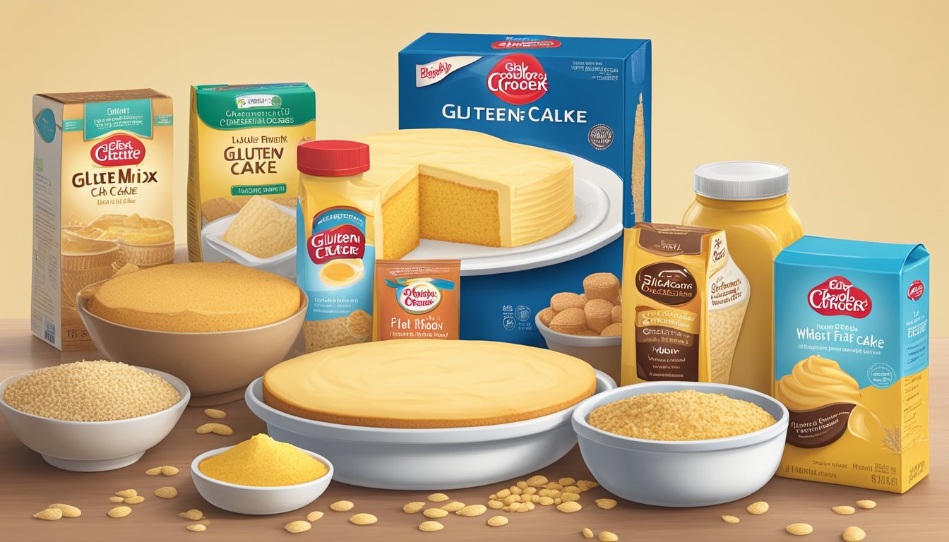 A table with a box of Betty Crocker Gluten Free Yellow Cake Mix surrounded by 7 gluten-free products, with their wheat counterparts next to them for comparison