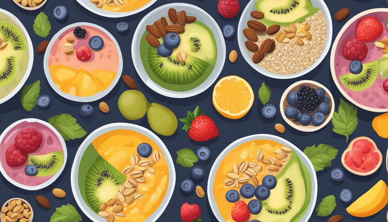 A colorful array of smoothie bowls surrounded by fresh fruits, nuts, and seeds, arranged on a wooden table