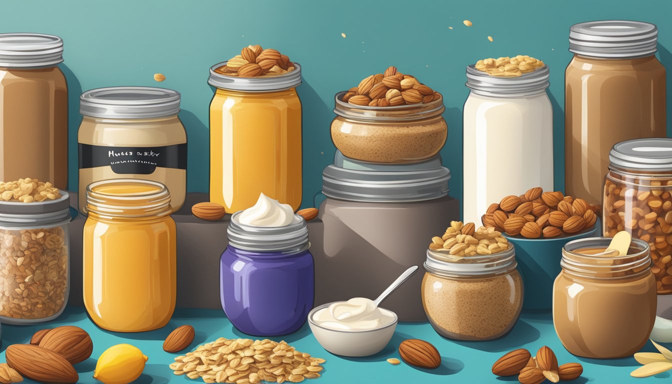 A colorful array of nut butter jars surrounded by various hidden sources of sugar, such as fruit, yogurt, and granola