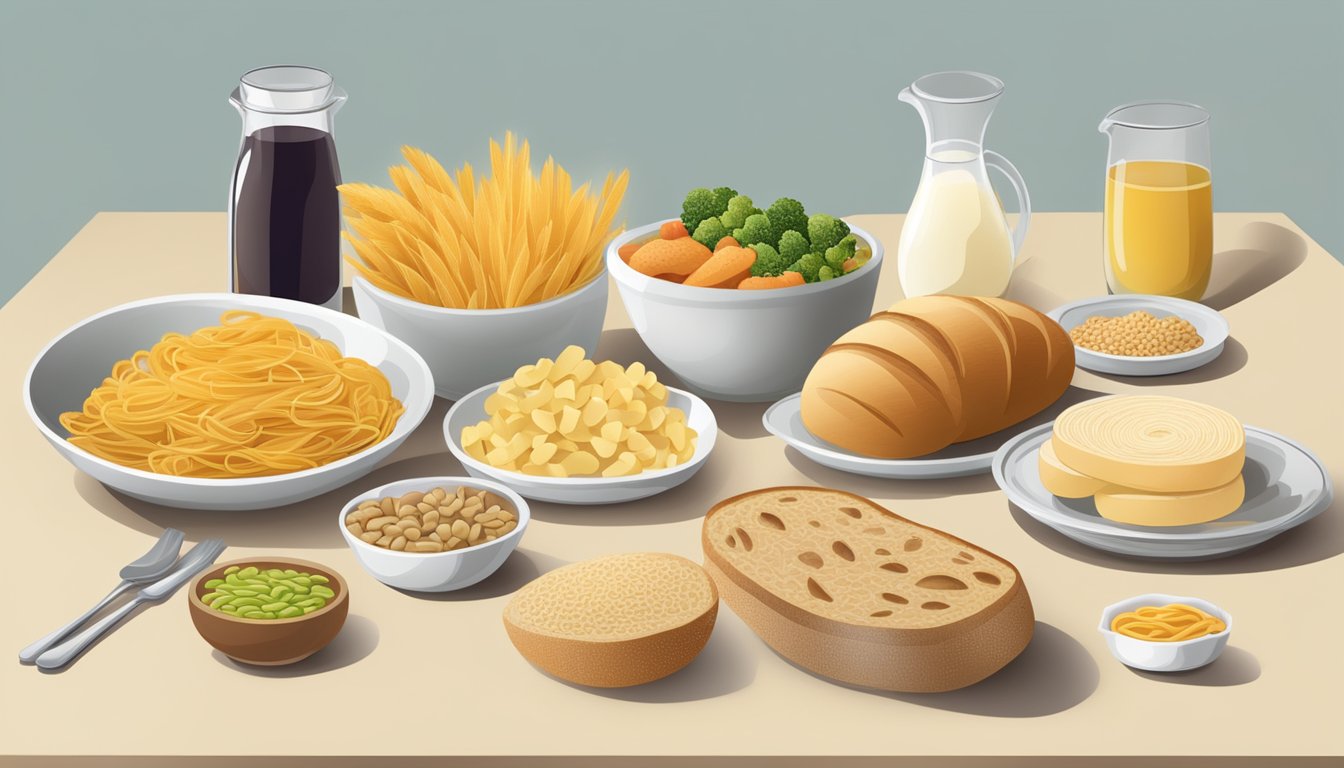 A table with a variety of food items, including bread, pasta, and snacks, with clear labels indicating "gluten-free" and "wheat" options