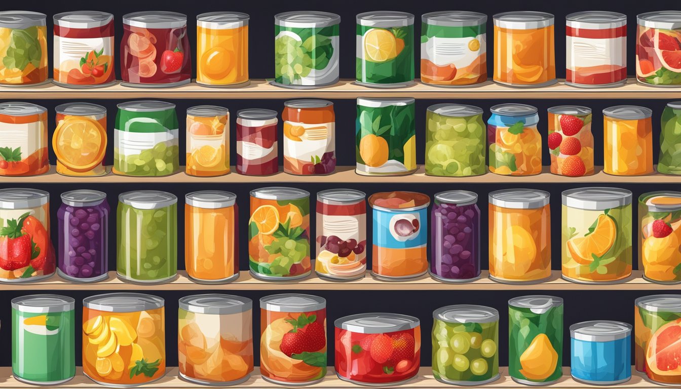 A colorful array of canned fruit in syrup spills out from a partially opened pantry shelf, surrounded by other seemingly healthy foods