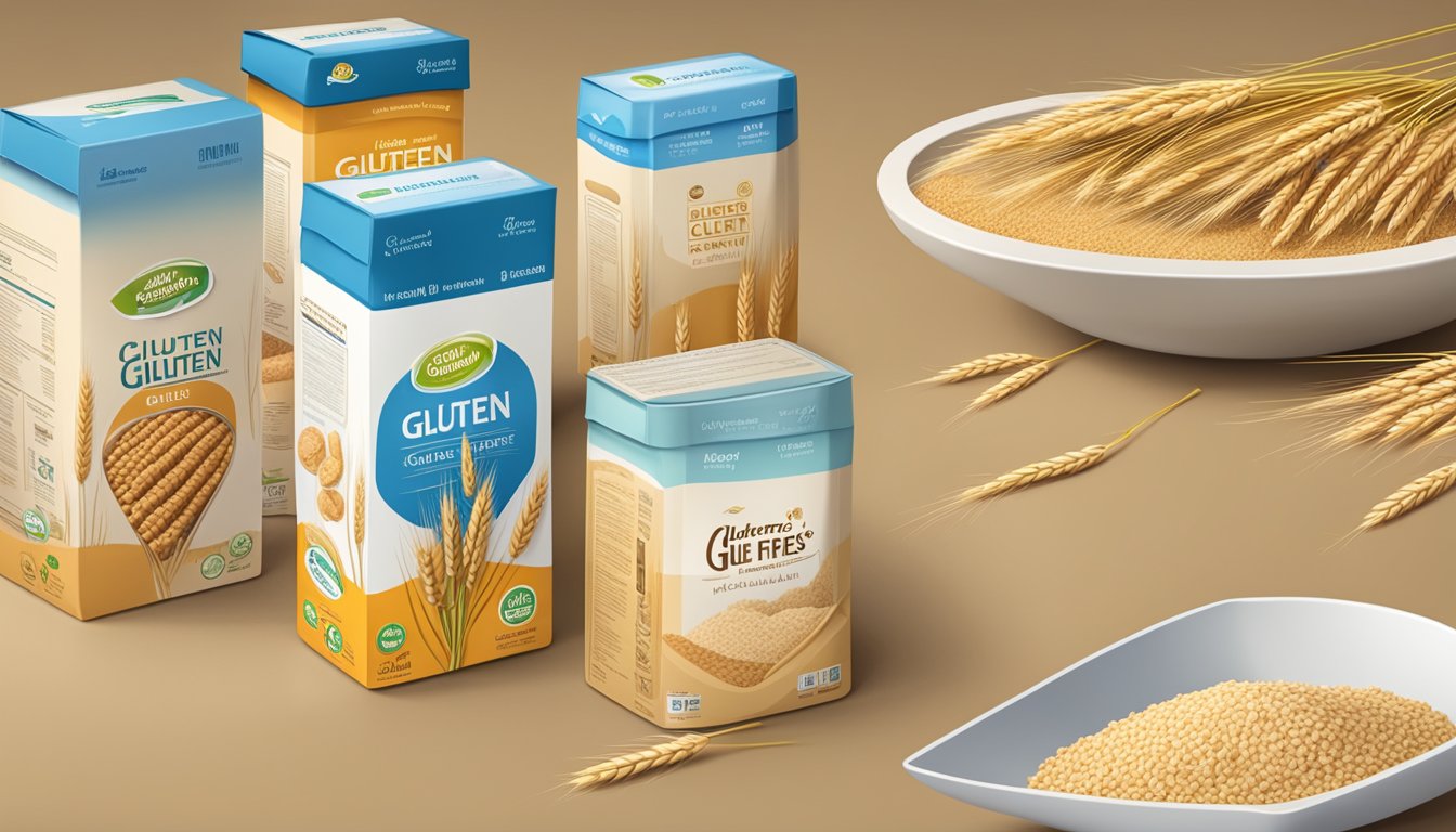 A table with gluten-free products next to their wheat counterparts, showing the differences in appearance and packaging