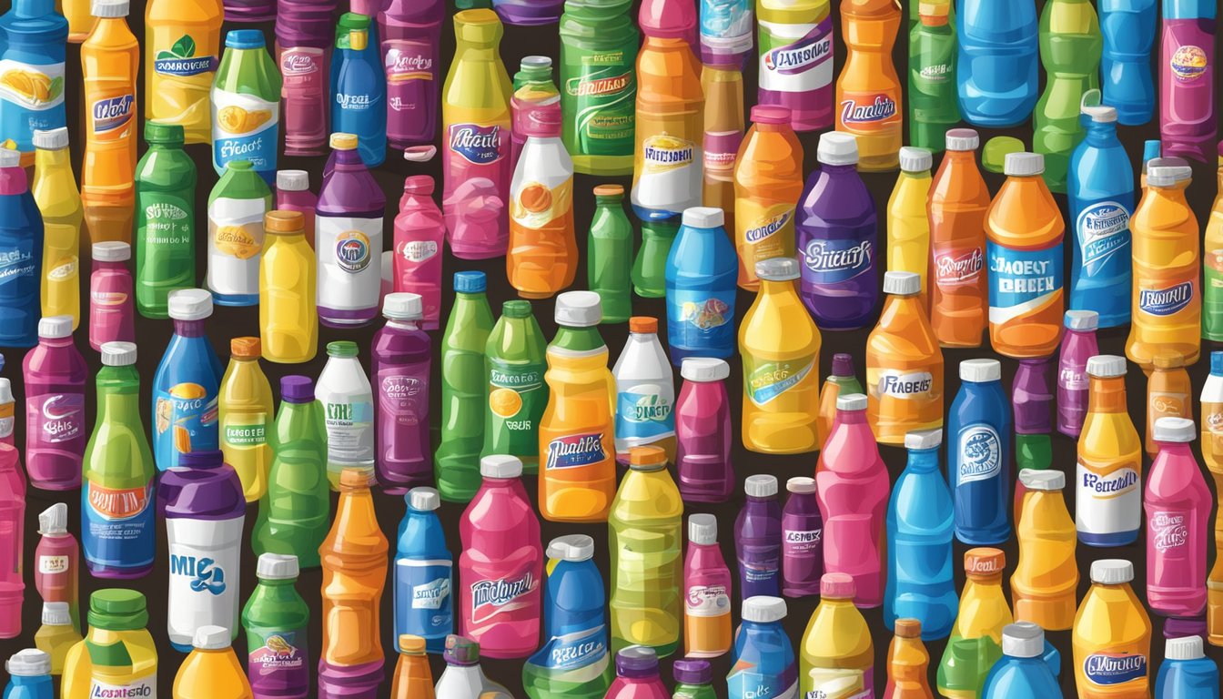 A colorful array of sports drink bottles surrounded by various food and drink items, each labeled with the amount of added sugar they contain