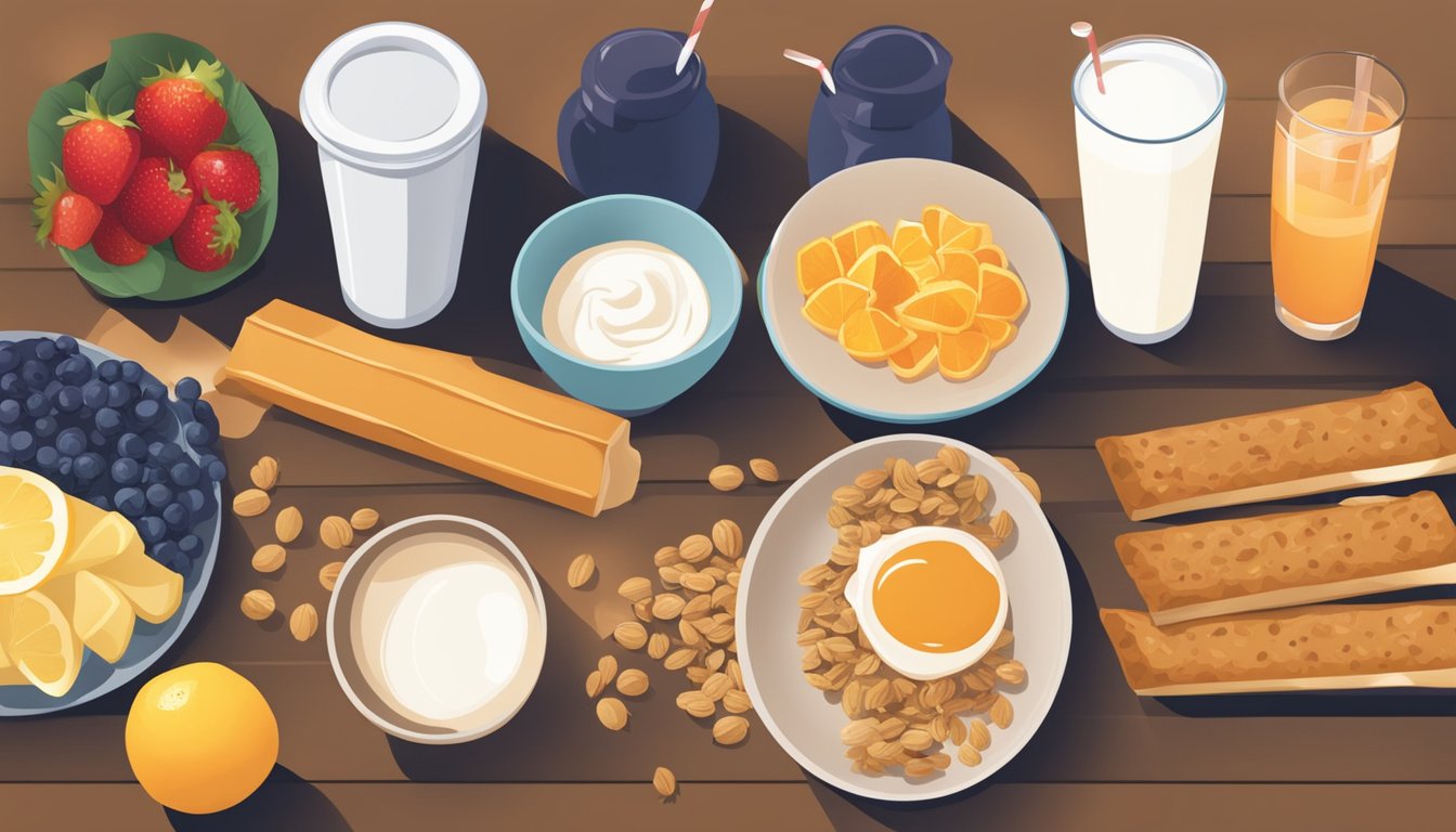 A table filled with "diet" foods like granola bars, low-fat yogurt, and fruit juice, surrounded by a shadowy silhouette symbolizing the sabotage of weight loss