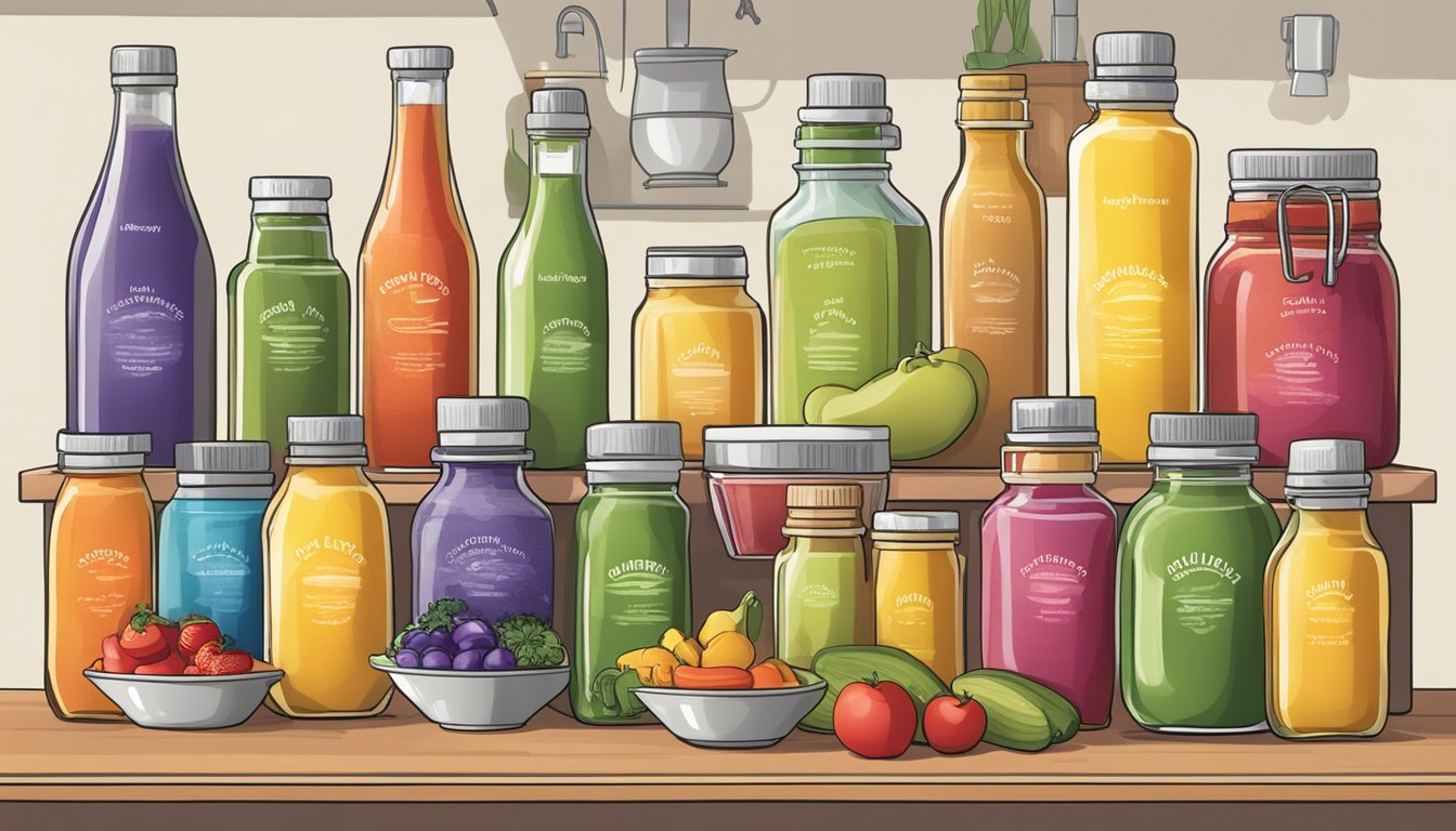 A colorful array of condiment bottles and jars arranged on a kitchen counter, with labels indicating their "healthy" status, surrounded by fresh fruits and vegetables