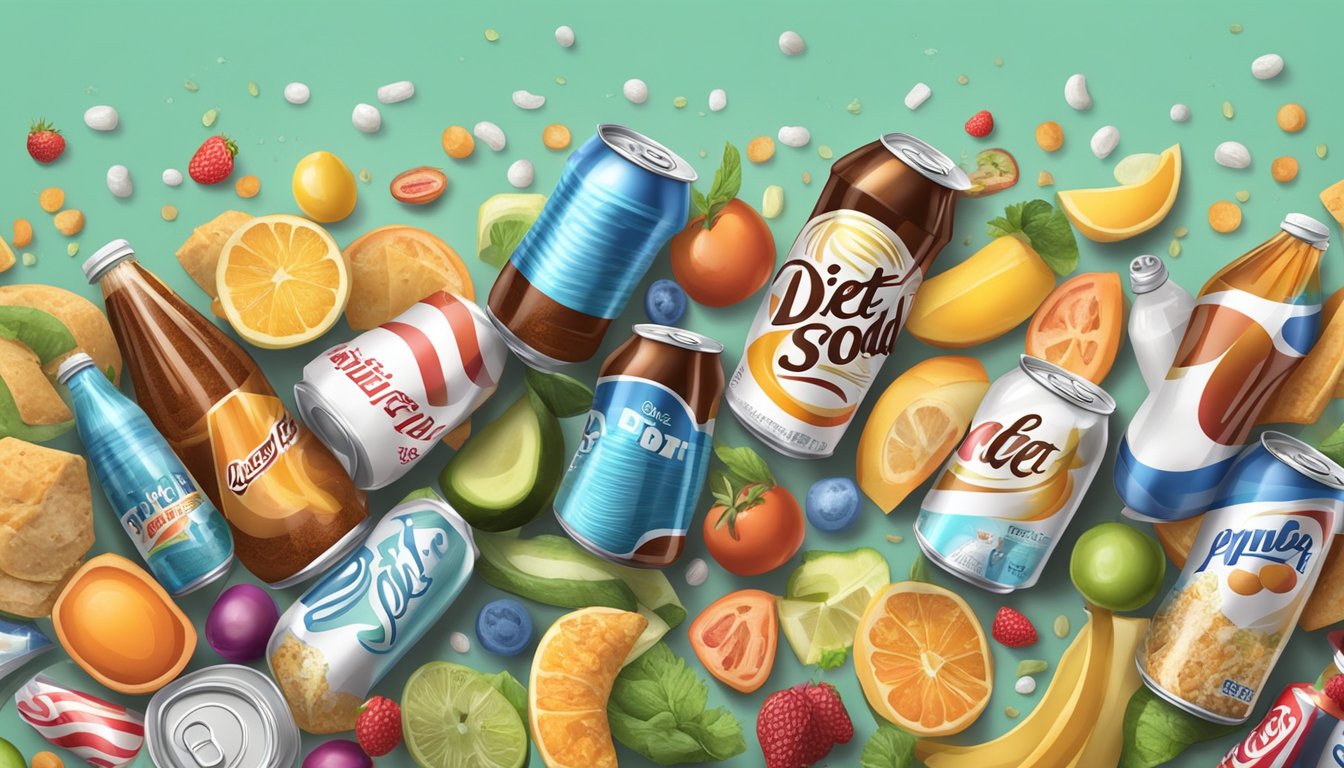 A can of diet soda surrounded by low-fat foods with hidden unhealthy ingredients