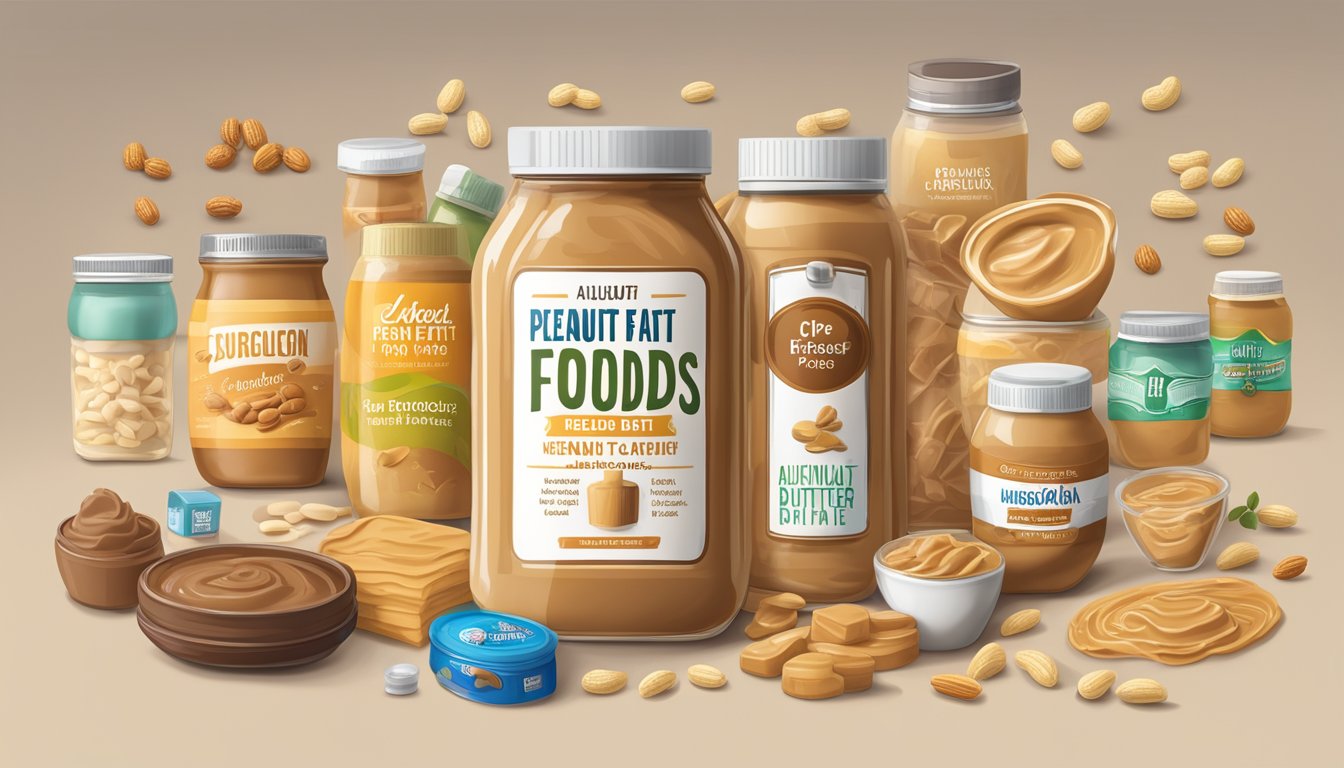 A jar of reduced-fat peanut butter surrounded by various unhealthy ingredients, such as sugar, hydrogenated oils, and artificial flavors, all labeled as "low-fat foods."