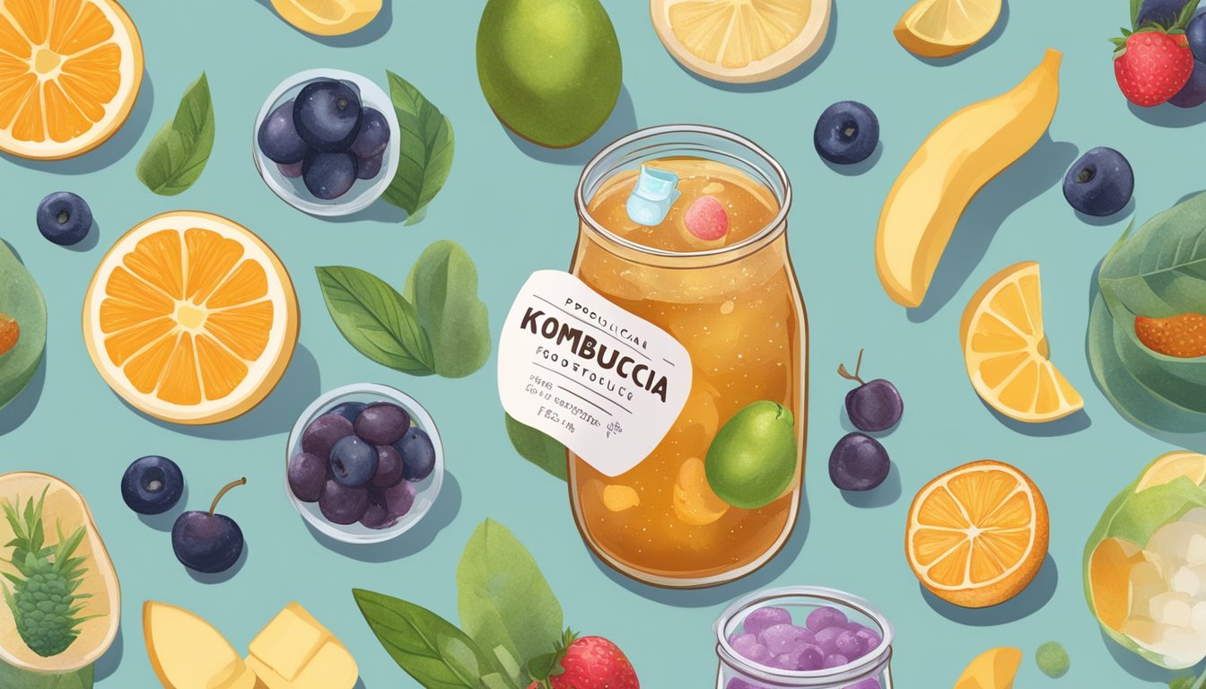 A glass of kombucha surrounded by sugary fruits and a label listing popular probiotic foods