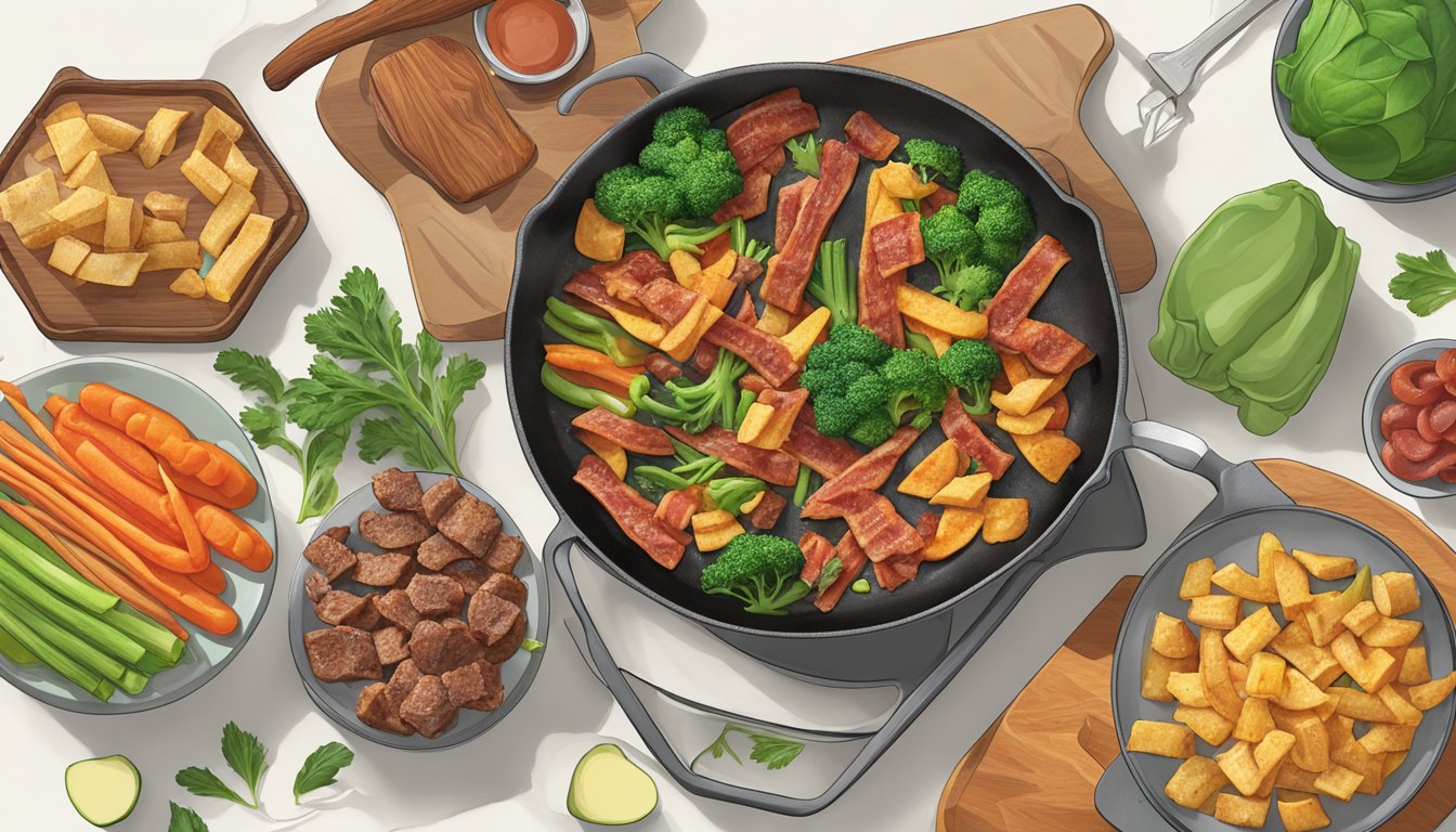 A sizzling pan with MorningStar Farms Veggie Bacon Strips cooking, surrounded by various processed vegan foods