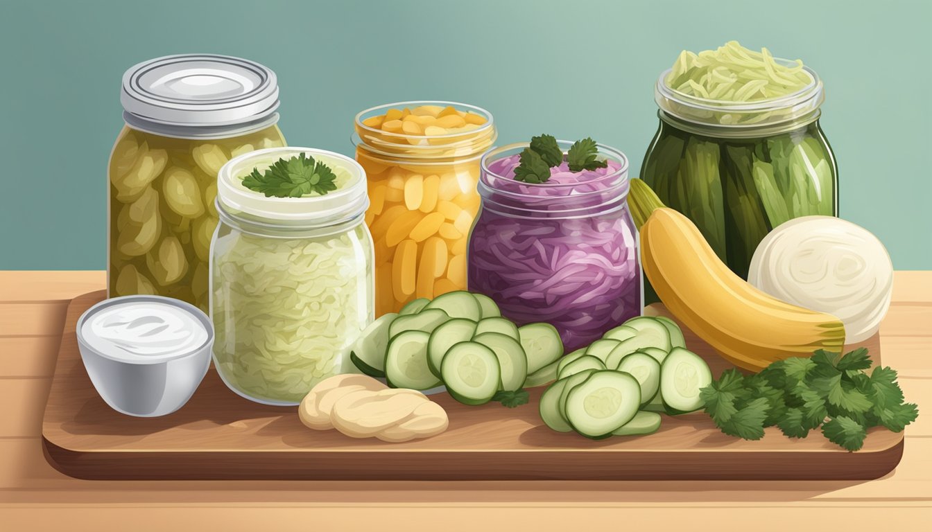 A jar of sauerkraut surrounded by other popular probiotic foods, such as yogurt, kombucha, and pickles, arranged on a wooden cutting board