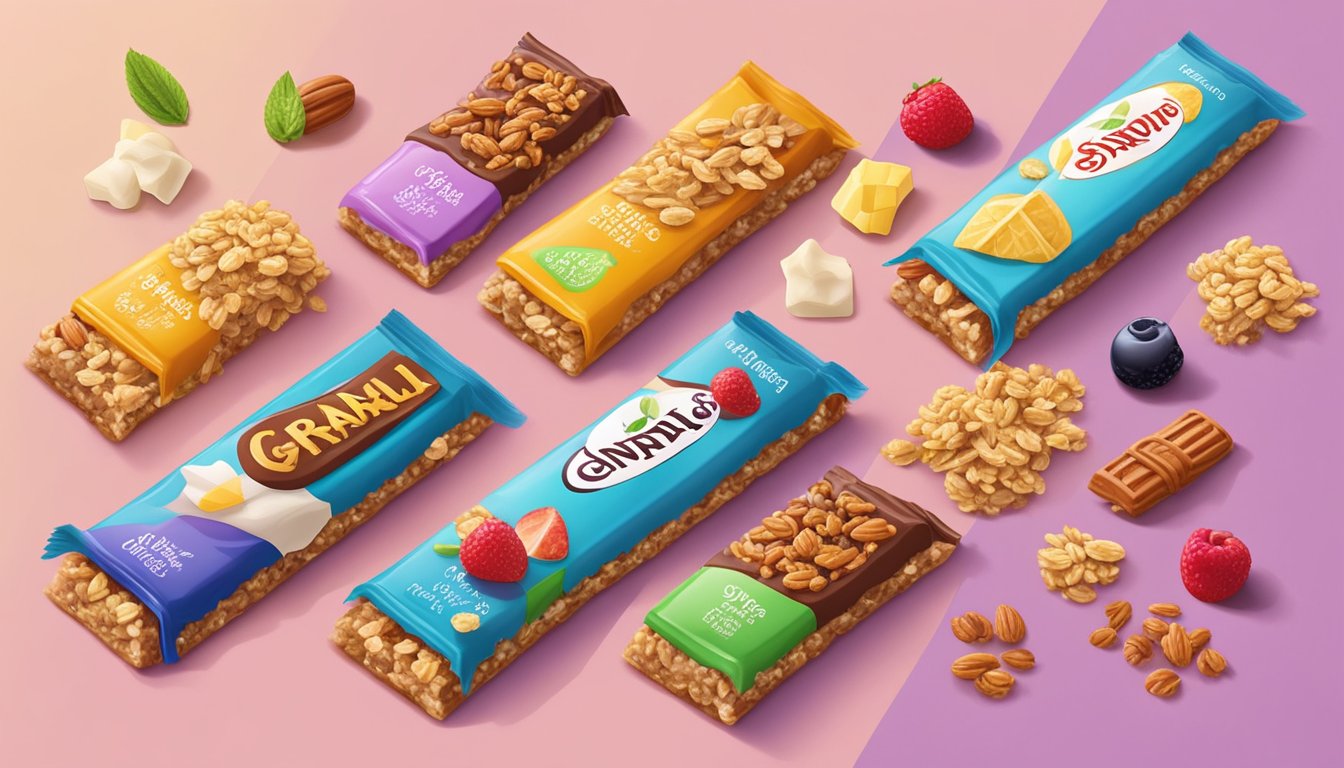 A colorful array of low-fat granola bars topped with various syrups and surrounded by ingredients like sugar, corn syrup, and artificial flavors