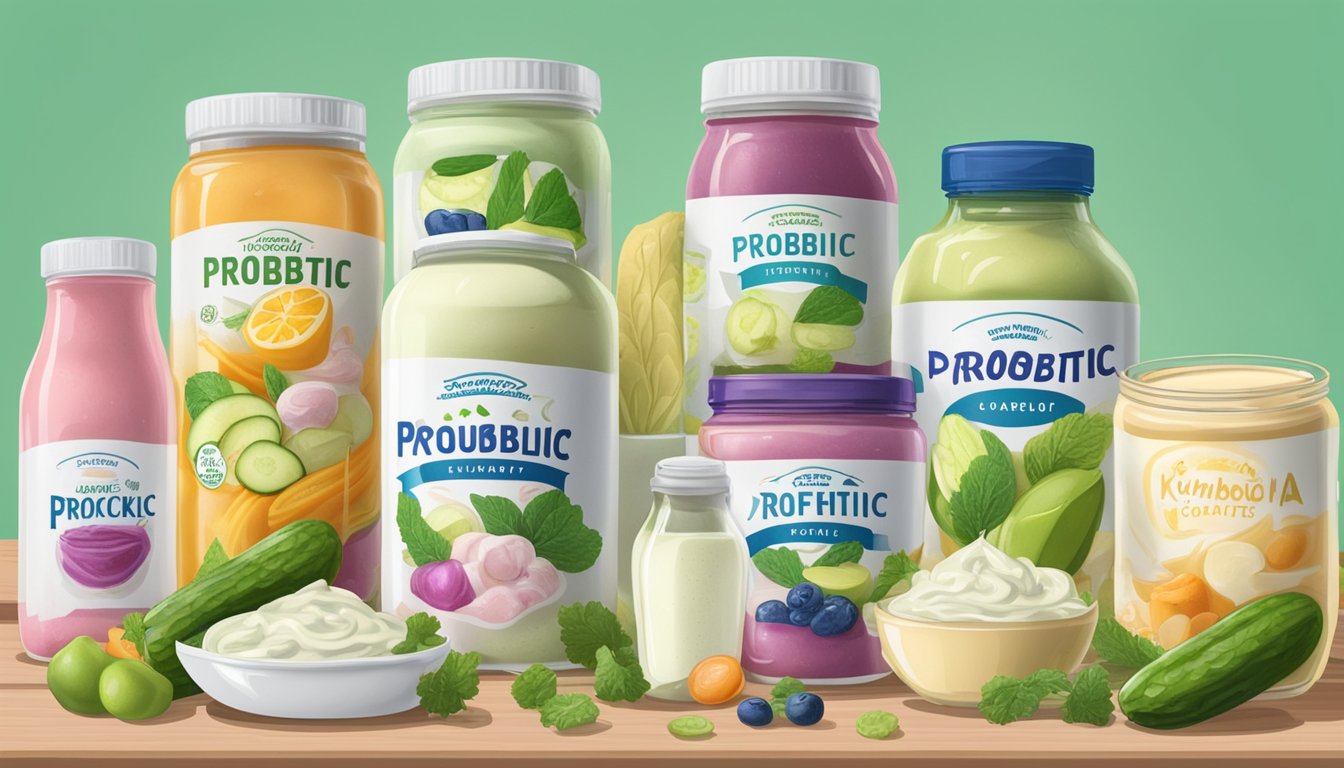 A variety of flavored probiotic yogurts arranged on a table, surrounded by other popular probiotic foods like pickles, kombucha, and sauerkraut