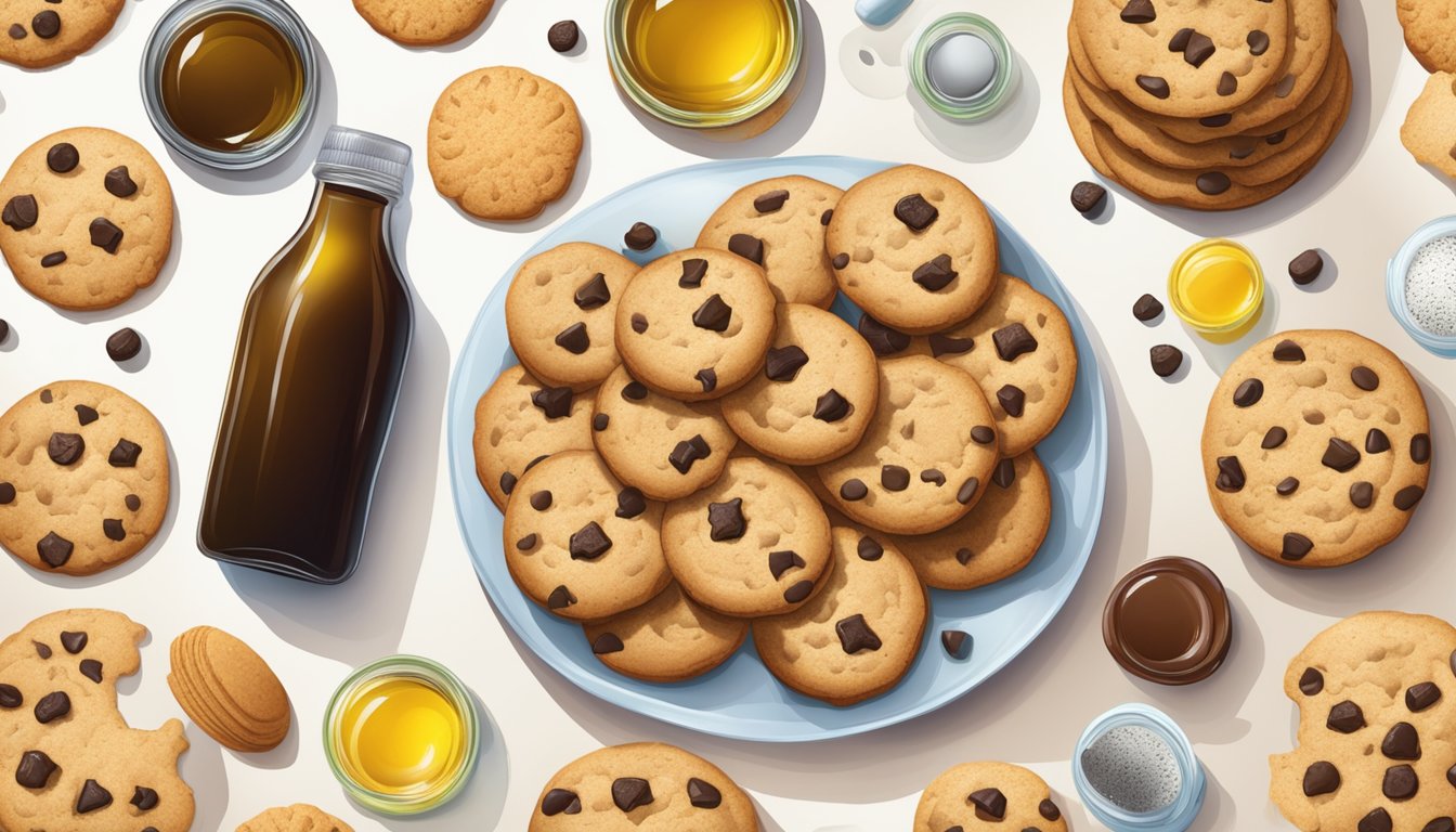 A plate of fat-free cookies surrounded by hydrogenated oil containers and unhealthy ingredients