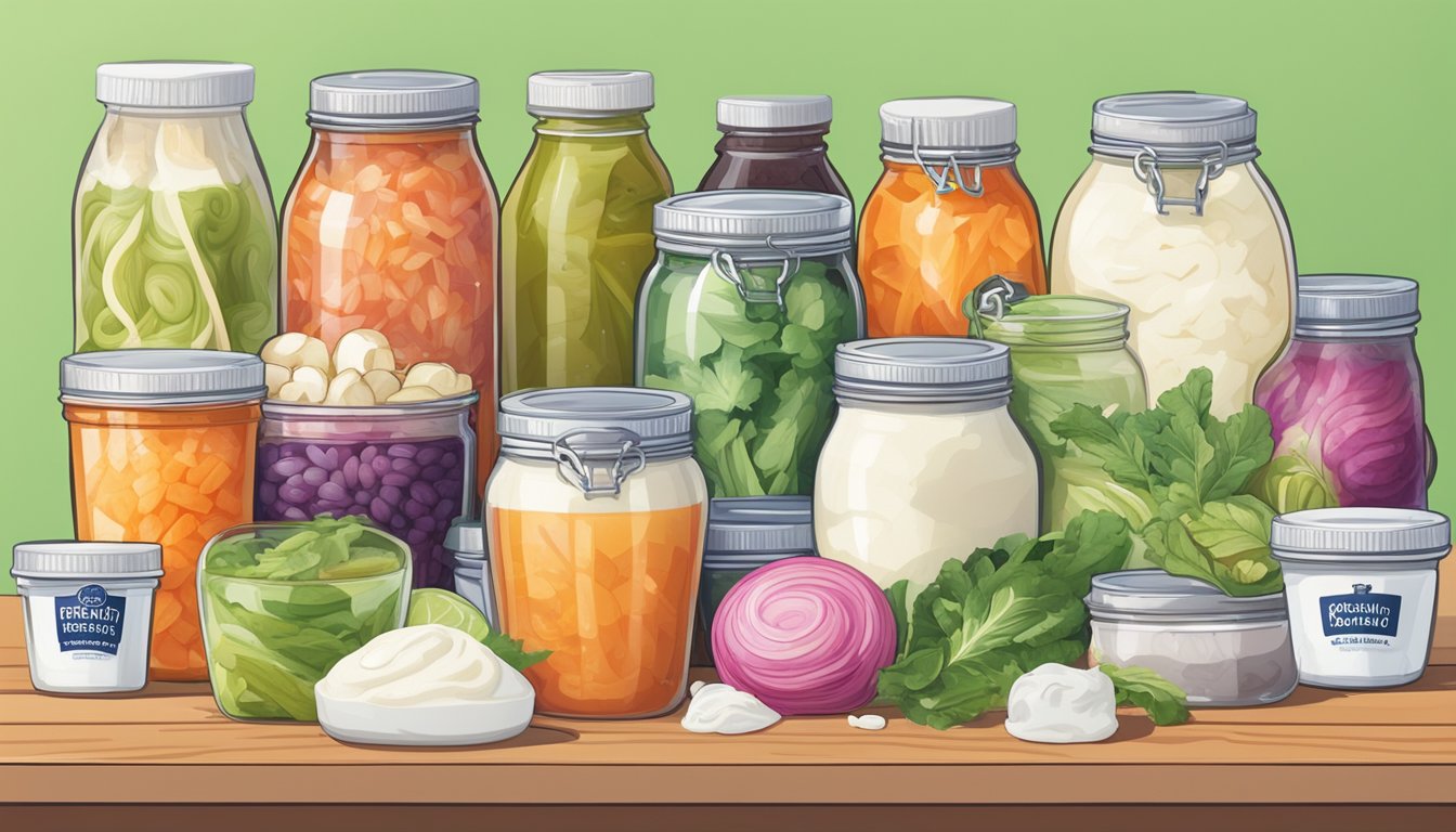 A colorful array of probiotic foods, including yogurt, kimchi, kombucha, and sauerkraut, displayed on a table with vibrant packaging and fresh ingredients